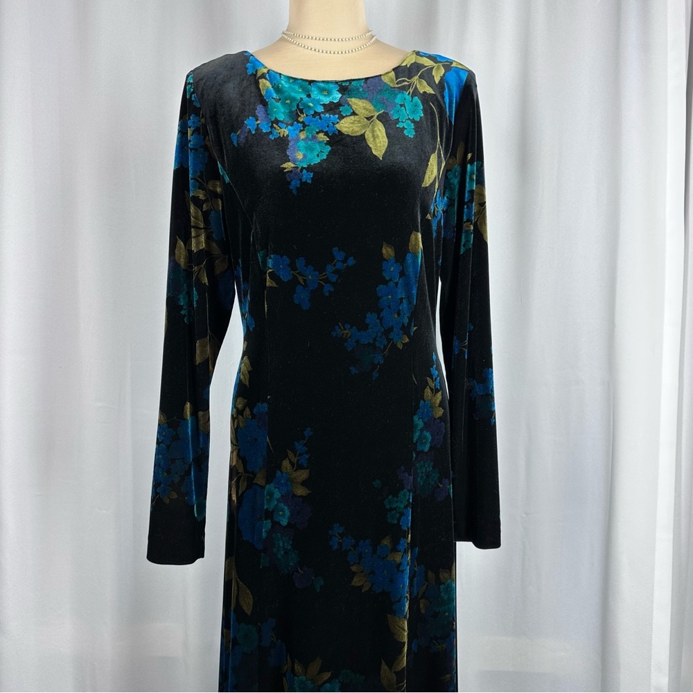 Vtg ✨GORGEOUS ✨David Warren NY Velvet Floral Maxi Dress Size 14 Long Sleeve SOFT